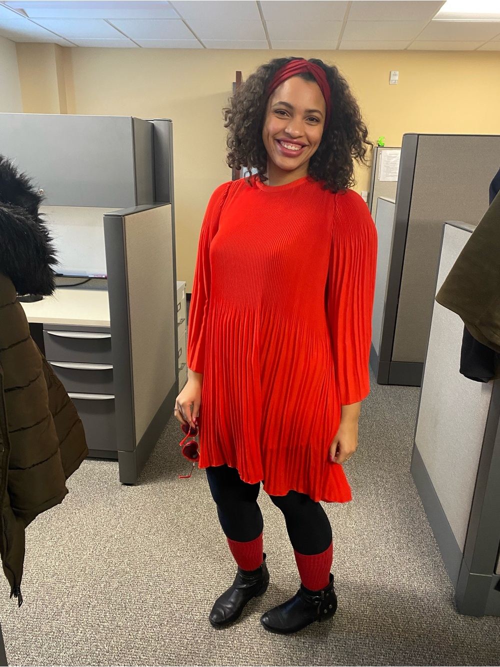 Zara Red Pleated Long-Sleeve Mini Dress - Picture 7 of 8